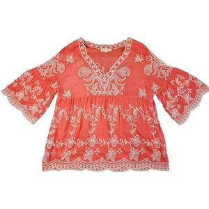 Solitaire Bell Sleeve Embroidered Top‎ Hippie Fairy Cottagecore Boho Coral L